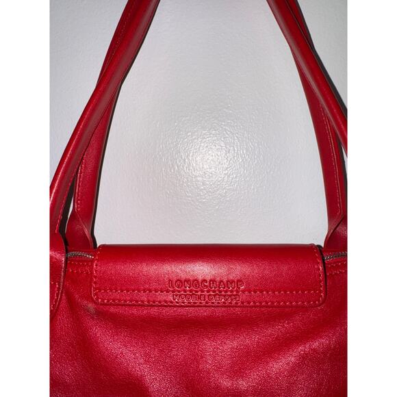 LONGCHAMP Leather Tote Le Pliage Vibrant Red Long Handles Shoulder Bag FRANCE - Picture 14 of 14